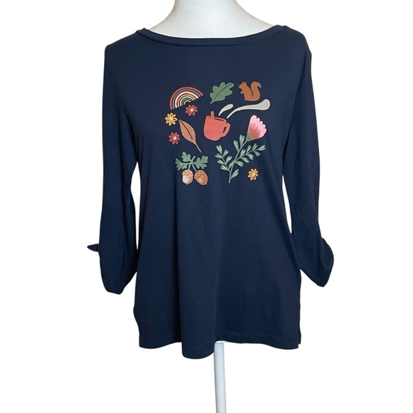 LOFT Outlet Navy Blue Garden Nature Graphic Top 3/4 Tie Sleeves Small Flower - Picture 1 of 9